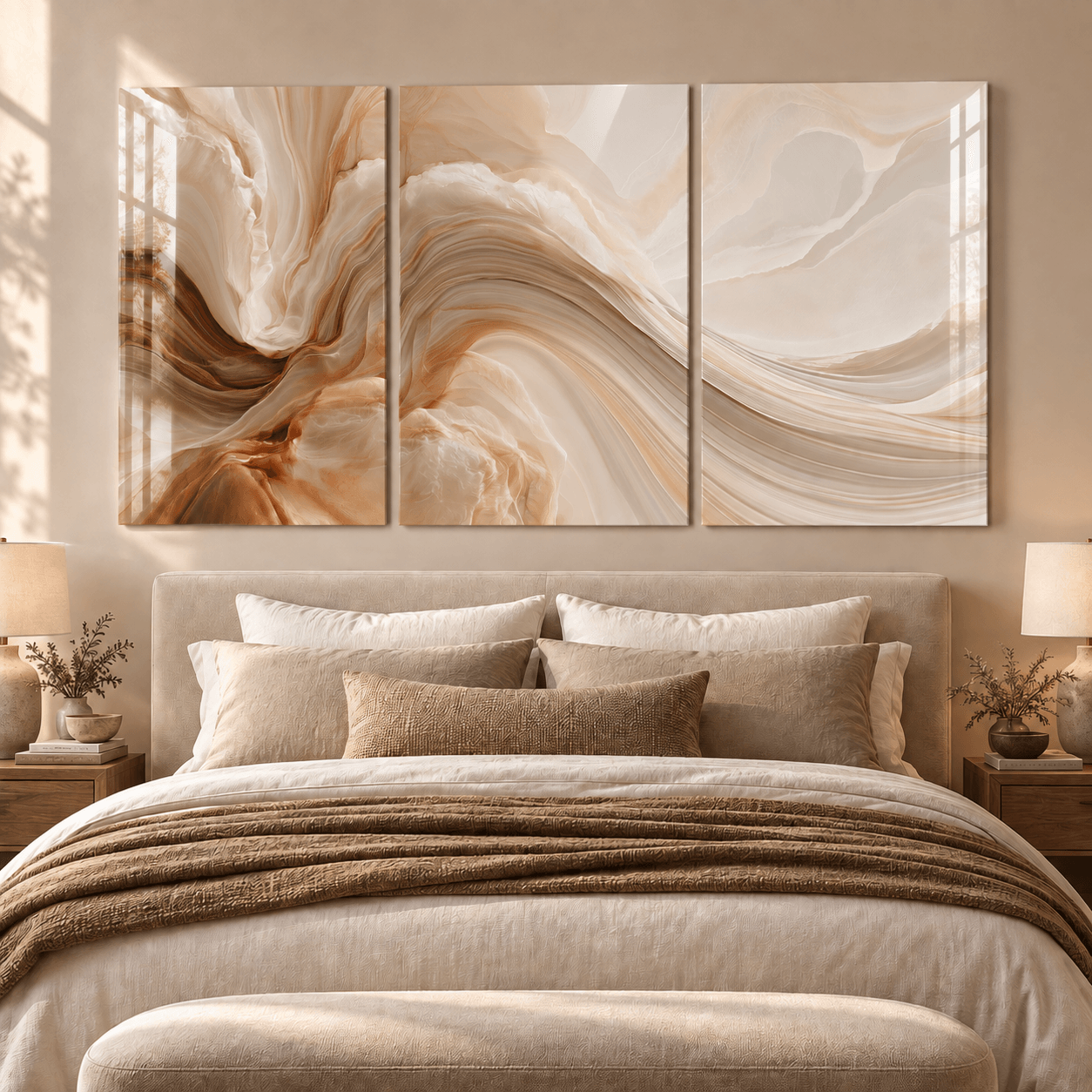 Flowing beige and copper stone triptych glass art mounted above a neutral upholstered bed